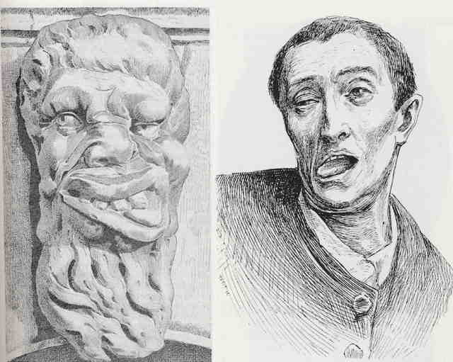 On the left a carved wooden mask with exaggerated features and tongue lolling out, on the right a Hand etched drawing of male head with tongue lolling out.